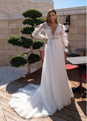 Beaded Ivory Feather Tulle V Back Wedding Dress